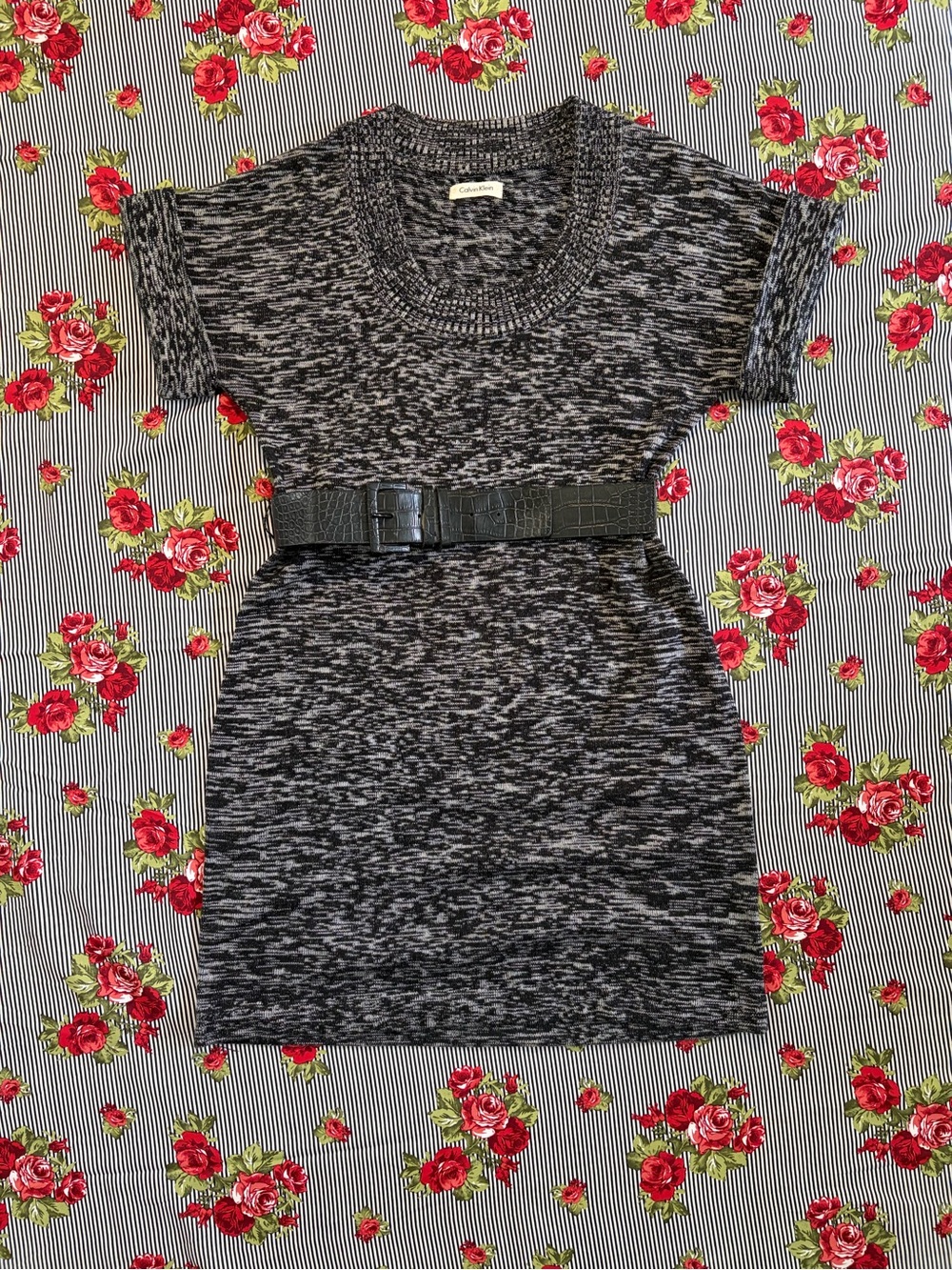 Calvin Klein Cozy Marled Knit Sweater Mini Dress with Belt - Size Small